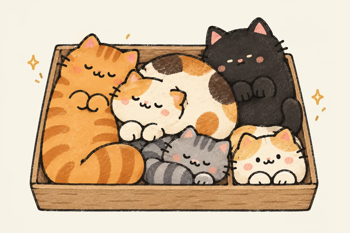Five cats asleep together in a wooden box